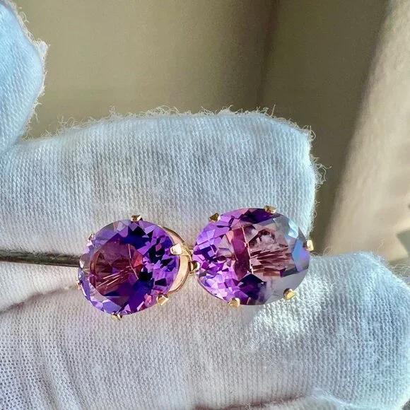 14K Yellow Gold Purple Amethyst Earrings, February Birthstone Earrings